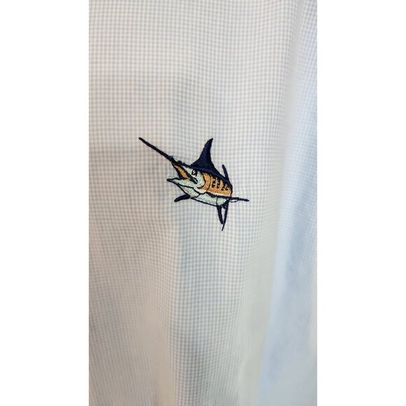 Guy Harvey Button Down Shirt L Blue Cotton Check Marlin Logo Coastal Fishing - Picture 5 of 9